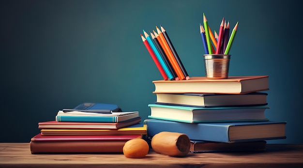 een stapel kleurrijke boeken op een tafel Generatieve AI