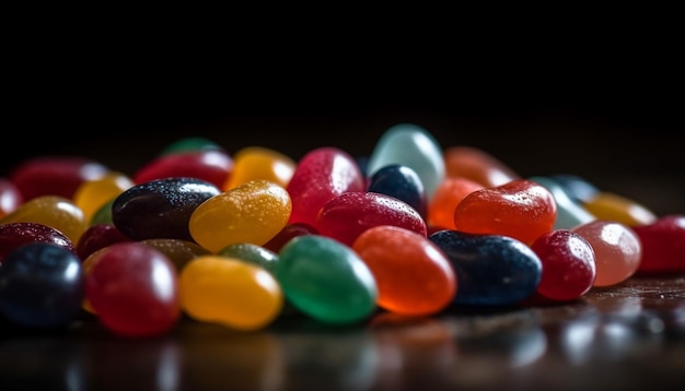 Een stapel kleurrijke jelly beans op een zwarte achtergrond