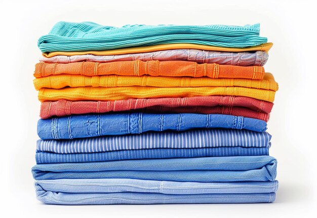 een stapel kleurrijke kleren met oranje en blauwe kleuren