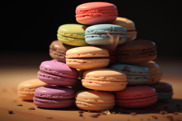 Een stapel kleurrijke macarons met een zwarte achtergrond.