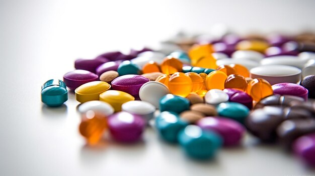 Een stapel kleurrijke pillen op een witte tafel