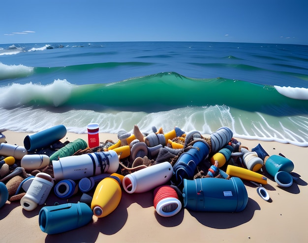 Een stapel kleurrijke plastic bakjes op een strand met een rode buis op de achtergrond.