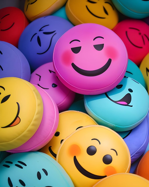 Een stapel kleurrijke plastic ballen met smileys erop.