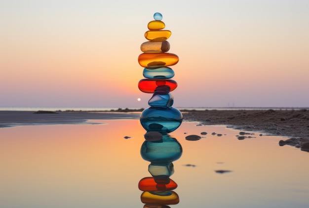 Een stapel kleurrijke stenen op een strand