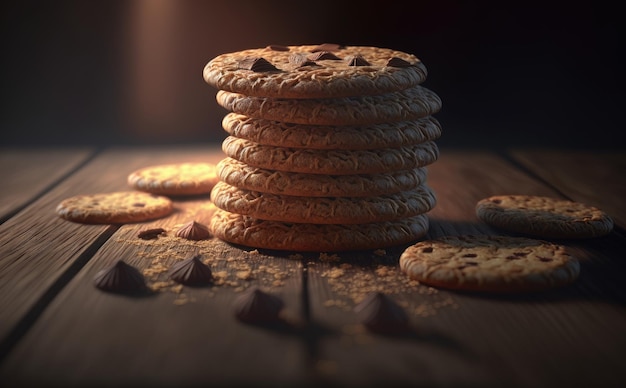 Een stapel koekjes op een houten bord. ai gegenereerd