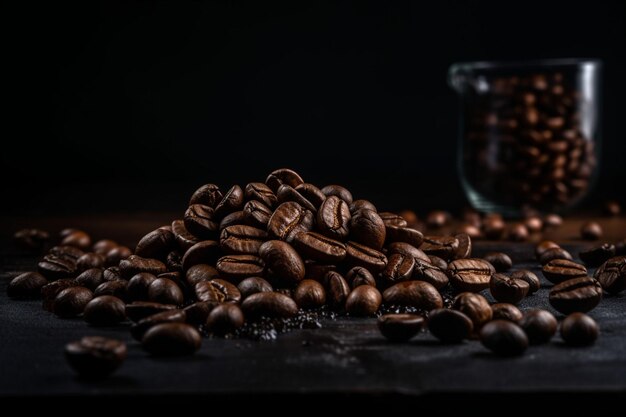 Een stapel koffiebonen op een zwarte ondergrond met daarachter een glas koffie.