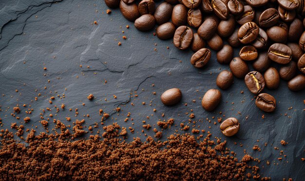 Een stapel koffieboon en gemalen koffieboon op een leisteenoppervlak met een zwarte achtergrond en een paar