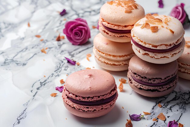 Een stapel macaroons zit bovenop een tafel naast een roosbloem op een marmeren oppervlak