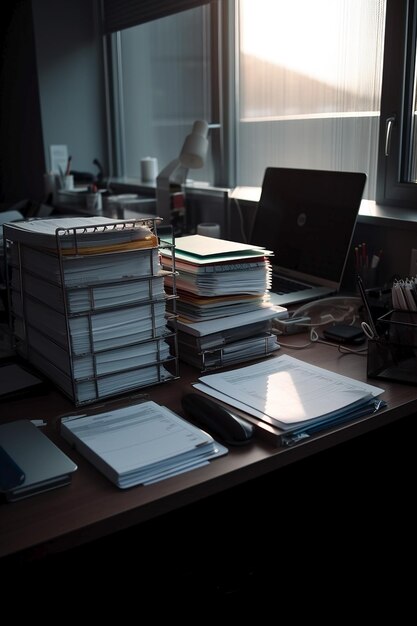 Een stapel mappen op een bureau met aan de rechterkant een laptop.