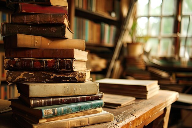 Een stapel oude boeken op de tafel Licht uit het raam