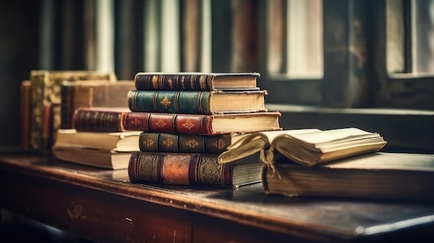 Een stapel oude boeken op een bureau met bovenaan de woordbibliotheek