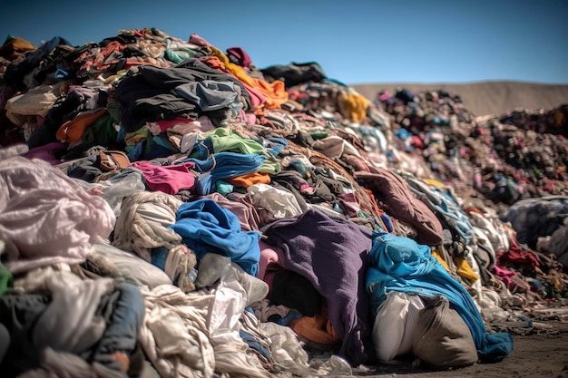 Een stapel oude kleding die op een stortplaats is achtergelaten, benadrukt de noodzaak van recycling en duurzame mode AI Generated