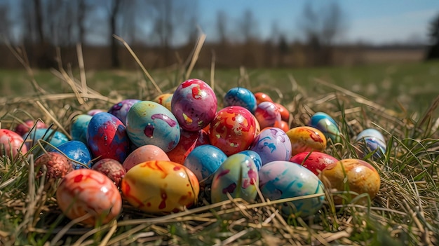 Een stapel paaseieren op een veld