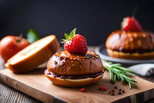 een stapel pannenkoeken met aardbeien en chocolade erop.