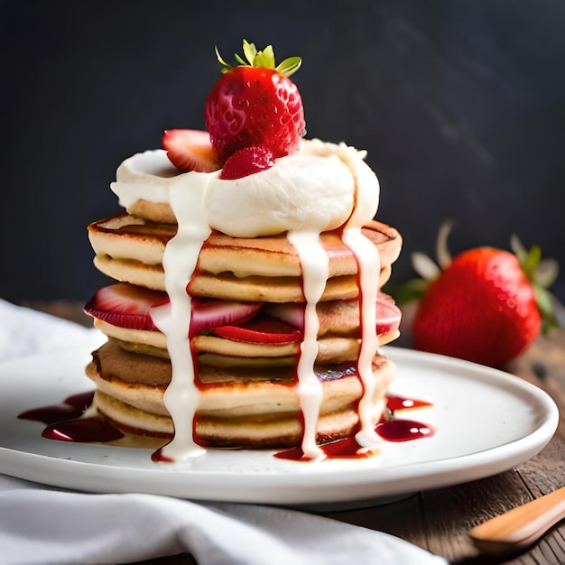 Een stapel pannenkoeken met aardbeien en slagroom erop.