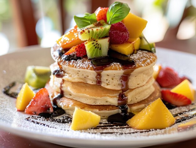 Een stapel pannenkoeken met aardbeien, kiwi en mango bovenop.