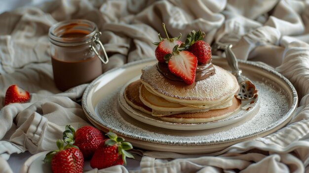 Een stapel pannenkoeken met aardbeien.