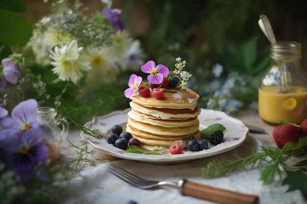 Een stapel pannenkoeken met bloemen erop