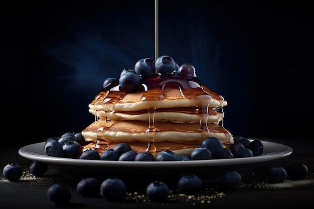 Een stapel pannenkoeken met bosbessen en ahornsiroop erop