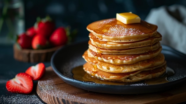 Een stapel pannenkoeken met boter en siroop op een zwart bord.