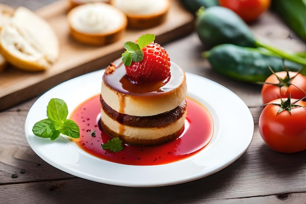 Een stapel pannenkoeken met chocoladesiroop en aardbeien op een bord.