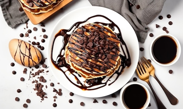 Een stapel pannenkoeken met chocoladesiroop en koffie op tafel.