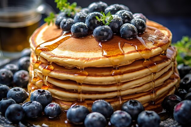 Een stapel pannenkoeken met siroop en bosbessen generatief ai-beeld