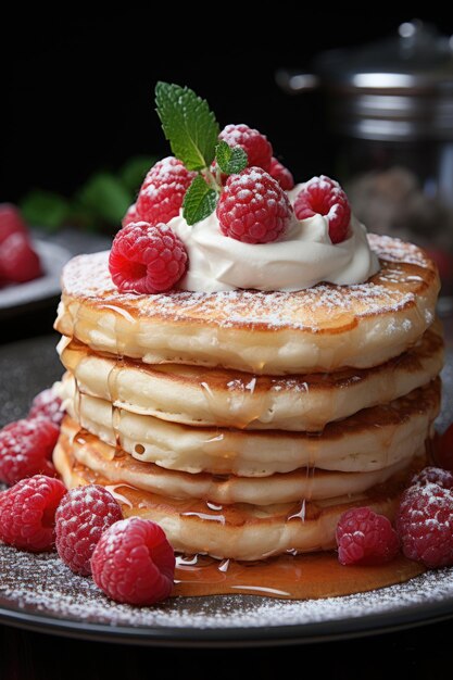 Een stapel pannenkoeken met slagroom en frambozen.