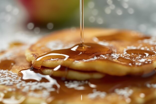 Foto een stapel pannenkoeken met stroop die erop wordt gegoten.