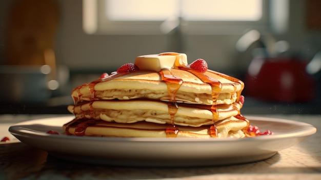 Een stapel pannenkoeken met stroop en boter erop