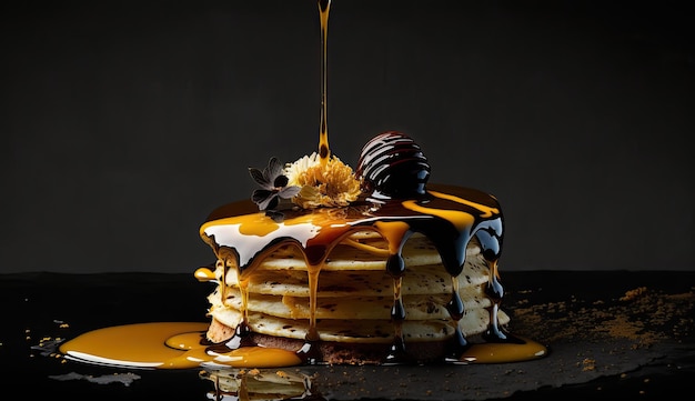 Een stapel pannenkoeken met stroop en een aardbei met chocolade erop.