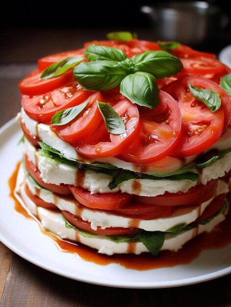 een stapel pannenkoeken met tomaten en basilicum erop.