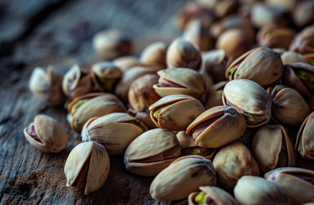 Een stapel pistachenoten op een houten oppervlak