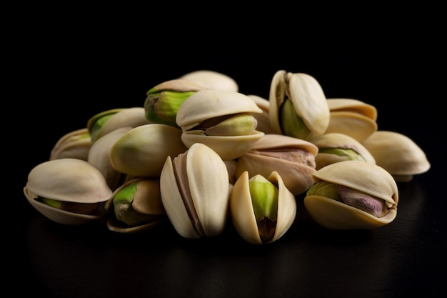 Een stapel pistachenoten op een zwarte achtergrond