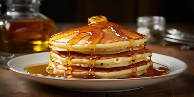 Een stapel pluizige heerlijke pannenkoeken op de keukentafel met esdoornstroop