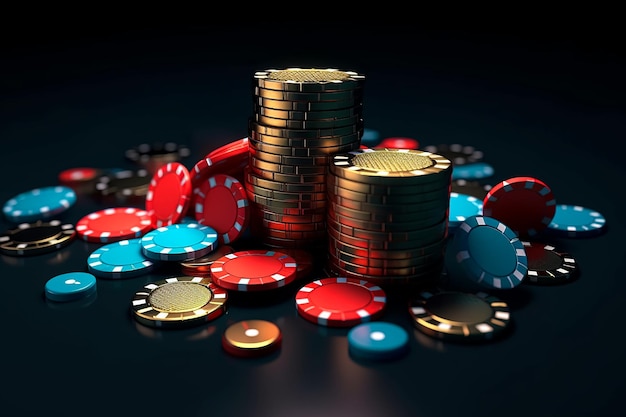 Een stapel pokerchips met daarop een rode en blauwe pokerchips.