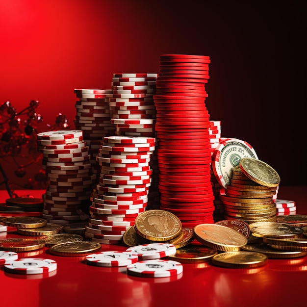 Een stapel pokerchips op een tafel met een rode achtergrond