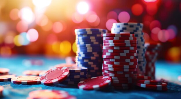 een stapel pokerchips voor enkele lampen in een casinokamer