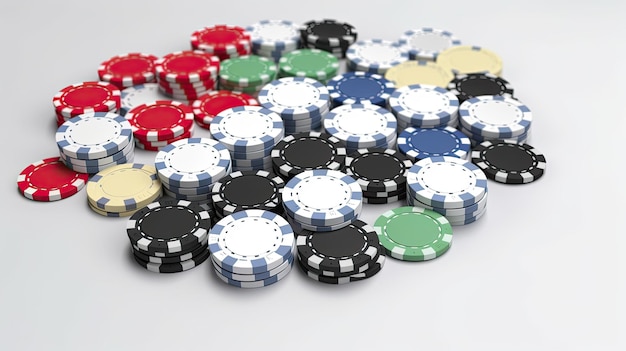 Een stapel pokerchips wordt getoond op een wit oppervlak.