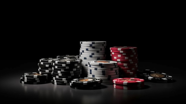 Een stapel pokerfiches op een zwarte tafelgeneratieve ai