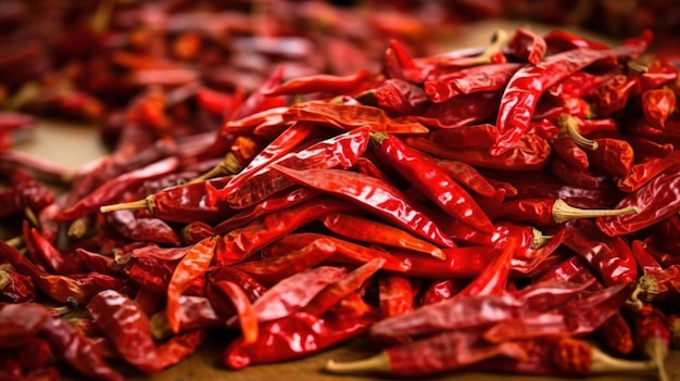 Een stapel rode chilipepers op een tafel