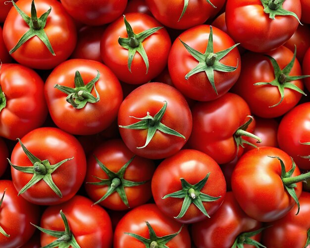 Foto een stapel rode tomaten met groene bladeren erop