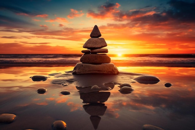 Foto een stapel rotsen op een strand met een zonsondergang op de achtergrond