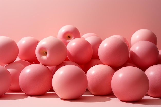 Een stapel roze ballen met een rode achtergrond.