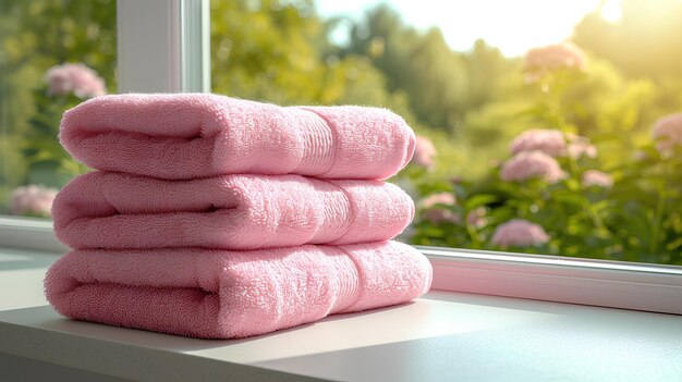 Een stapel roze handdoeken zit bovenop een vensterbank naast een vensterbak met roze bloemen