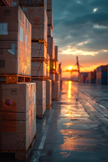 Een stapel scheepscontainers in de haven Vrachtvervoer in de containerlogistieke industrie