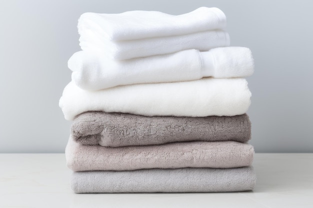 Een stapel schone en zachte handdoeken die op een effen wit oppervlak liggen