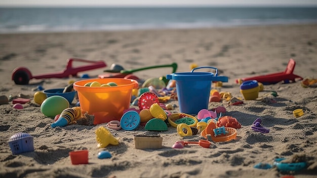 Een stapel speelgoed op een strand met een blauwe emmer en een blauwe emmer met een label waarop strandspeelgoed staat.