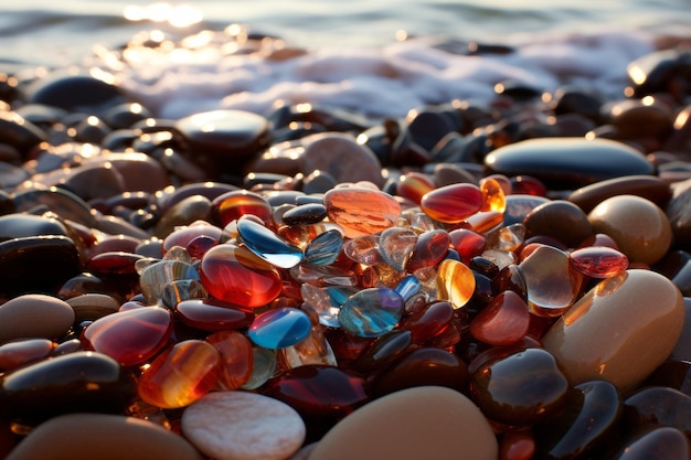 een stapel stenen en glazen kralen op een strand