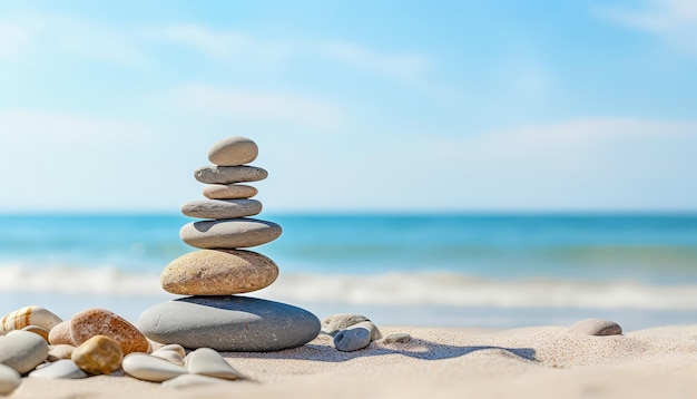 Een stapel stenen op een strand.